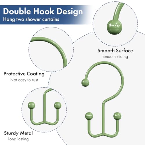 Bathway Shower Curtain Hooks Green Shower Curtain Rings, 12 Pcs Double Hook Shower Curtain Hooks Rings Shower Curtain Hangers Rust Proof, Metal Shower Hooks for Bathroom Shower Curtain Rod - color: Green, style: Minimalist