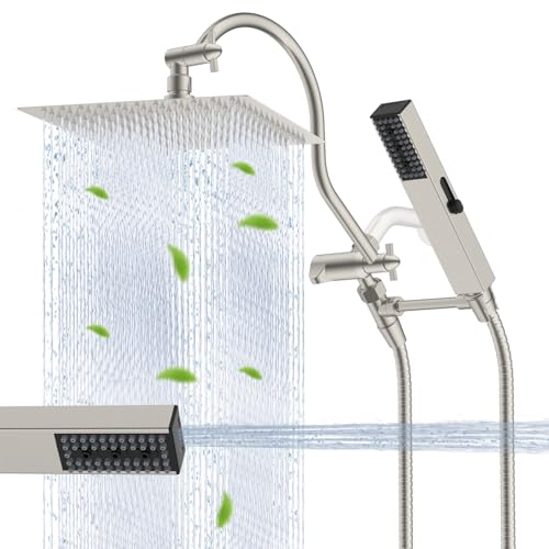 Hibbent All Metal cUPC Certified Shower Head, 12'' High Pressure Rainfall Showerhead Combo, Handheld Shower Wand, 12'' Adjustable Extension Arm, 4-Spray, 71'' Hose, Shower Holder, Brushed Nickel - color: Brushed Nickel, style: Square 12''