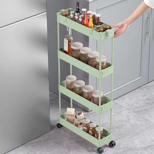 Slim Storage Cart 4 Tier,Bathroom Organizer Rolling Utility,Mobile Shelving Unit Slide Out for Office, Kitchen, Laundry Room & Narrow Places，Green - color: Green