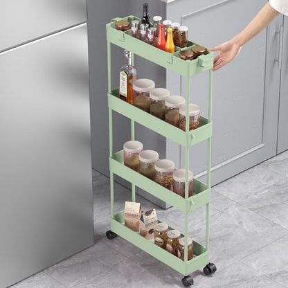 Slim Storage Cart 4 Tier,Bathroom Organizer Rolling Utility,Mobile Shelving Unit Slide Out for Office, Kitchen, Laundry Room & Narrow Places，Green - color: Green