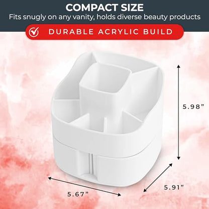 Masirs Small 360 Rotating Makeup Organizer, 5 Compartments, Square White | Small 360 Rotating Makeup Organizer, 5 Compartments, Acrylic Mini Lazy Susan, Vanity Bathroom Counter, Square White - color: Square White