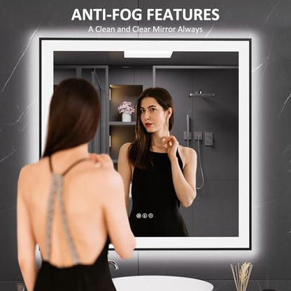 LOAAO 32"X32" LED Bathroom Mirror Black Framed | Anti-Fog, Dimmable, Memory Function, Tempered Glass, Lighted Vanity Mirror for Wall - size: 32"L x 32"W