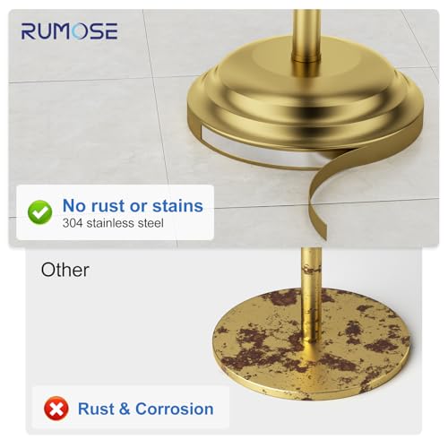 RUMOSE Toilet Paper Holder Stand for Floor, Brushed Gold | Bathroom Free Standing Toilet Tissue Roll Holder with Storage, Adjustable 17-25 Inch, Rustproof, SUS304 Stainless Steel - color: Brushed Gold