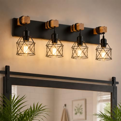 Farmhouse Vanity Light Fixture,4-Light Bathroom Lighting,Black Industrial Wood Wall Light Over Mirror with Metal Shade,LED Bulbs Not Included - color: Black, size: 4-Light-Wide 28"
