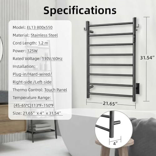 P&Dlusir EL13 Heated Towel Rack, Matte Black, 8 Bar | Fast Heat in 2 Min, Smart Timer, Thermo Control, Memory Functoion, Stainless Steel, Hard-Wired/Plug-in - color: Matte Black, size: 21.65"W x 31.54"H