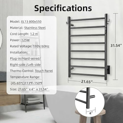 P&Dlusir EL13 Heated Towel Rack, Matte Black, 8 Bar | Fast Heat in 2 Min, Smart Timer, Thermo Control, Memory Functoion, Stainless Steel, Hard-Wired/Plug-in - color: Matte Black, size: 21.65"W x 31.54"H
