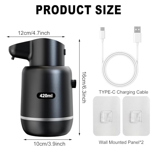 Automatic Soap Dispenser, Rechargeable & Touchless with 4 Adjustable Levels, 15oz/420ml, Waterproof, Wall Mountable for Kitchen, Bathroom, Hotel (Foam, Black) - color: Black, style: Foam