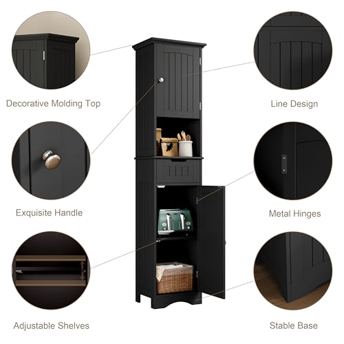 ChooChoo 67" Tall Bathroom Storage Cabinet, Narrow Bathroom Cabinet with 2 Doors and 1 Drawers, Freestanding Cupboard Floor Cabinet with Adjustable Shelves for Living Room, Kitchen, Black