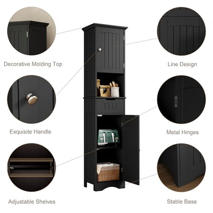 ChooChoo 67" Tall Bathroom Storage Cabinet, Narrow Bathroom Cabinet with 2 Doors and 1 Drawers, Freestanding Cupboard Floor Cabinet with Adjustable Shelves for Living Room, Kitchen, Black