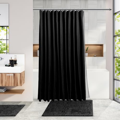 Clara Clark Bathroom Accessories Set - 27PC Bathroom Set with Adhesive Corner Shower Caddy Hanging, Bathroom Sets with Shower Curtain and Rugs, Black Shower Curtain Set with Bathroom Trash Can | 27 Piece Bathroom Sets with Shower Curtain and Rugs with Soa