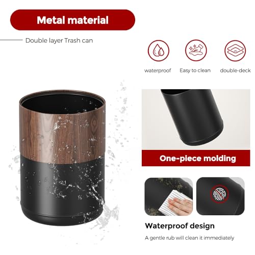 3.1Gal Modern Walnut Trash Can,Open-Top Bathroom Trash Bin | Double Layer;Metal Waste Bin;Built-In Bag Holder;for Bathroom,Home,Office,Living Room - color: 3.1gal round