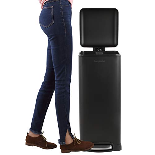 happimess Betty 8 Gal Step Trash Can Soft-Close Lid, Charcoal Black | Fingerprint Resistant, Removable Liner, Semi-Rectangular, Steel Pedal, Iron Powder Coated, 27" Height, Non-Skid Base - color: Black