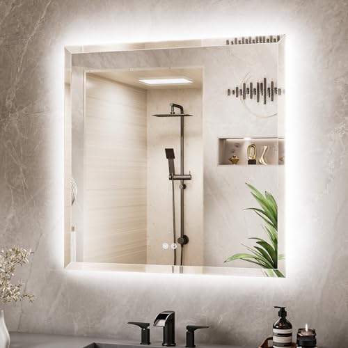 36 x 36 Square LED Mirror Backlit, Beveled Bathroom Mirror with Backlight, Safe Tempered Glass, 3 Color Temperature, Defogger, Dimmable, Smart Bathroom Mirror, Wall-Mounted Vanity Mirrors - size: 36"L x 36"W