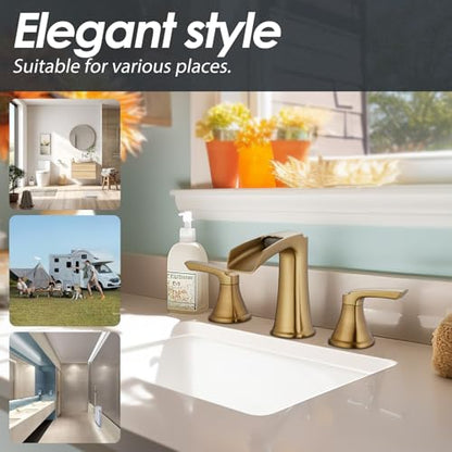 Brushed Gold Waterfall Bathroom Faucet, Sanliv 3-Piece Widespread Bathroom Sink Faucets, 2-Handle Vanity Faucet for 3-Hole Sinks 4-8 Inch with Pop-Up Drain, Brushed Gold - color: Brushed Gold