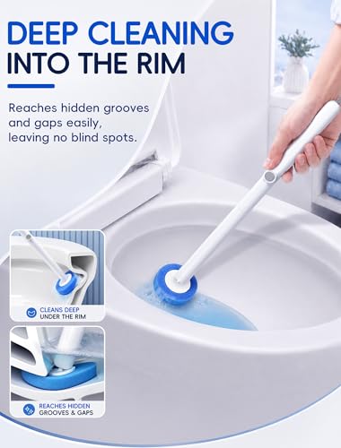 Disposable Toilet Brush System, Toilet Bowl Cleaning Wand with Lift-to-Open Refill Case, Blue Refill Heads and Freestanding Holder, 1 Wand and Holder Set with 35 Blue Refills