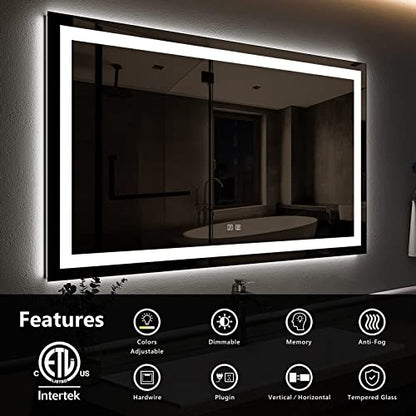 ROOMTEC 48x30 Inches LED Bathroom Mirror with Lights, Vanity Mirror with Front and Backlight, Smart Dimmable Anti-Fog LED Mirror for Bathroom, Memory Function, Tempered Glass (Horizontal/Vertical) | Anti-Fog, Dimmable, Memory Function, Bathroom Vanity Mir