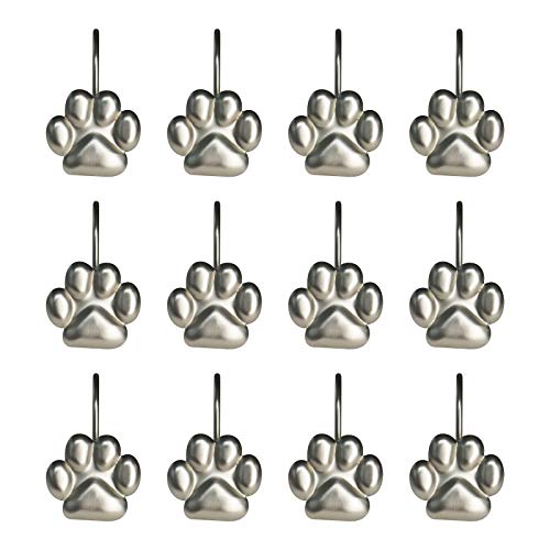 Sunlit Fashion Design Cute Paw Print Polished Shower Curtain Hooks for Dog Cat and Bear, Rust Proof Oil Rubbed Metal Shower Curtain Rings-12 Pack - color: Silver