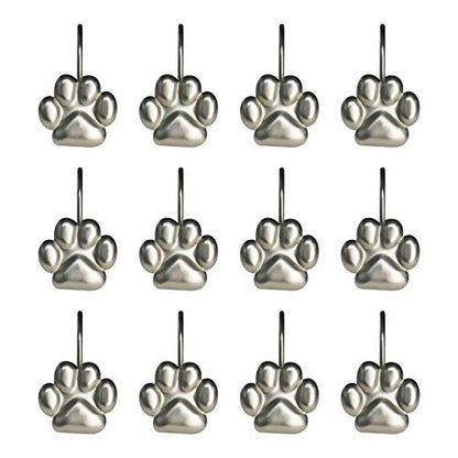 Sunlit Fashion Design Cute Paw Print Polished Shower Curtain Hooks for Dog Cat and Bear, Rust Proof Oil Rubbed Metal Shower Curtain Rings-12 Pack - color: Silver