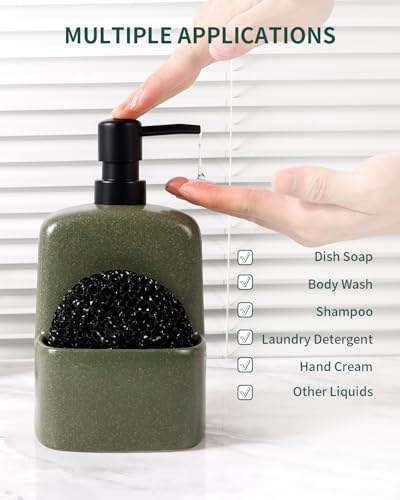 BosilunLife Dish Soap Dispenser - Matte Green Ceramic Kitchen Soap Dispenser with Sponge Holder Matte Ceramic Soap Daddy Dispenser 20oz for Kitchen Soap Pump and Sponges Caddy - color: Matte Green