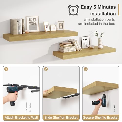 Heimlove 12" Deep Oak Floating Shelves,Over Toilet Long Wall Mounted Modern Farmhouse 36 inches,Wall Shelves with Invisible Brackets for Bedroom, Bathroom, Living Room, Kitchen, Set of 1 - color: Oak, size: 35.4"W x 11.6"D x 2"H, 1 Pack