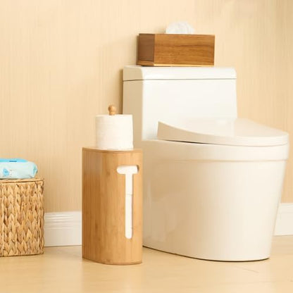 Gobam Bamboo Toilet Paper Storage with Dual-Use Lid, Freestanding Bathroom Tissue Organizer with Viewing Slot, Built-In Handle, Anti-Slip Base, Compact Toilet Paper Holder Stand for up to 6 Mega Rolls - size: 6 Roll - Oval