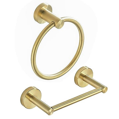 BATHSIR Brushed Gold Toilet Paper Holder & Hand Towel Holder Wall Mount 2 Pieces, Double Post Pivoting Round Modern Bathroom Hardware Towel Ring Toilet Tissue Holder, Bathroom Accessories Set - color: Gold 1