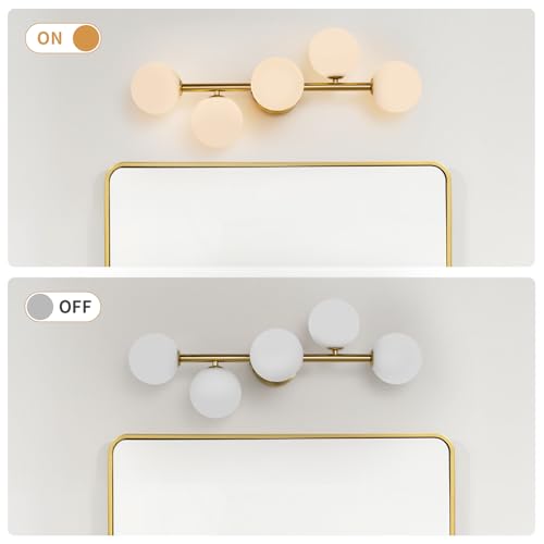 Modern Bathroom Vanity Light Fixtures,LED Brushed Gold Wall Sconce Lighting | 5 Lights Milk Glass Globe Vanity Light,Brushed Gold Bathroom Vanity Light,Dimmable Brass Mid Century Wall Sconces over Mirror - color: Gold Milk Glass, size: Integrated LED
