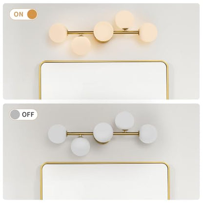 Modern Bathroom Vanity Light Fixtures,LED Brushed Gold Wall Sconce Lighting | 5 Lights Milk Glass Globe Vanity Light,Brushed Gold Bathroom Vanity Light,Dimmable Brass Mid Century Wall Sconces over Mirror - color: Gold Milk Glass, size: Integrated LED