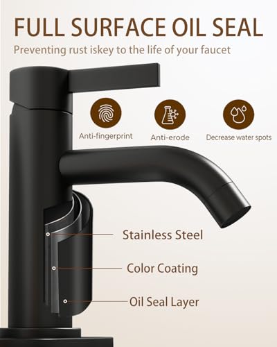 Matte Black Bathroom Faucet Single Hole with Pop-Up Bathroom Drain and Flexible Hoses Single Handle Bathroom Sink Faucet w/Deck Plate(1 or 3 Hole) for Vanity Sinks, RV, Farmhouse - color: Matte Black