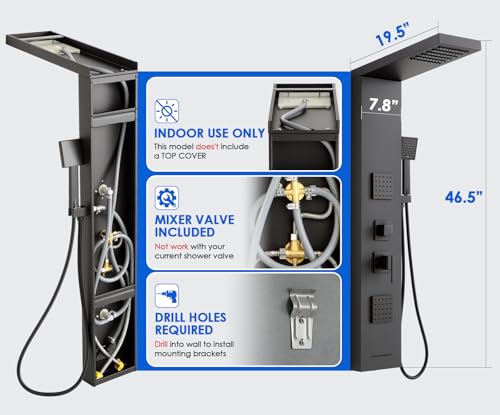 ROVOGO Shower Panel Tower System Matte Black, 4 Shower Modes, No Led Lights | High Pressure Shower Head, Body Jets, Handheld and Tub Spout, Shower Column Stainless Steel with Mixing Valve, 46.5"H x 7.8"W - style: Black- Without Led Lights