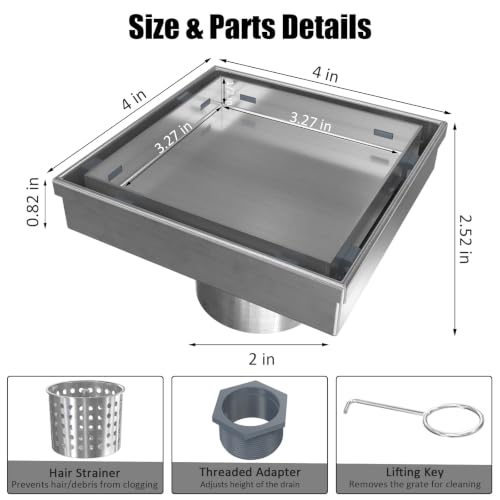 4 Inch Square Shower Drain with Tile Insert Grate, Brushed | SUS 304 Stainless Steel, Removable Grate & Hair Strainer Design, for Bathroom, Kitchen, Balcony, Garage, Basement, Toilet - color: Brushed Stainless Steel, size: 4-Inch
