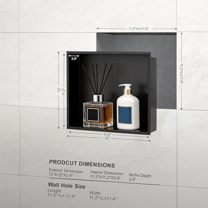 Achelous Stainless Steel Insert Shower Niche 12" X 12" NO Tile Needed, Bathroom Wall Niche Recessed Shower Shelf Organizer, Wall-Inserted Niche Recessed Shower Caddy, Matte Black - color: Matte Black, size: 12" X 12"