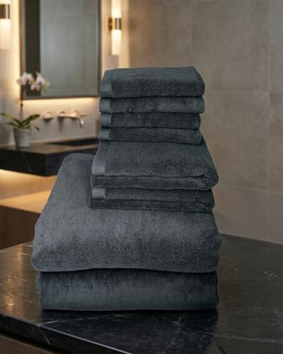 Egyptian Cotton Bath Towel Set, 650 GSM 8-Piece — 2 Oversized Bath Sheets (31"x63"), 2 Hand Towels (16"x31"), 4 Washcloths (13"x13") — Dark Gray