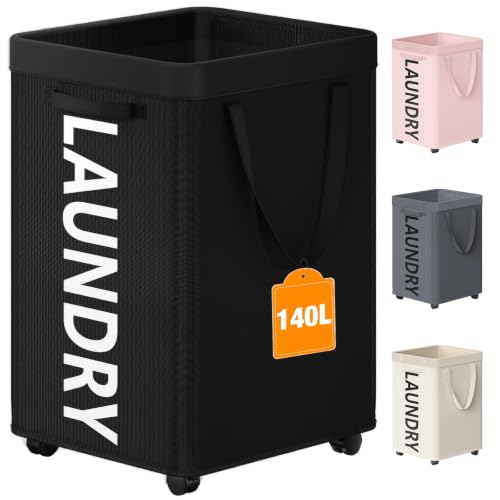Optish 140L Laundry Hamper with Wheels, Rolling Laundry Basket with Removable Mesh Bag, Extra Large Clothes Hamper for Bedroom, Bathroom, Dorm Room Essentials, Black - color: Black, size: 140L (37Gal)