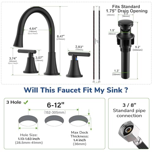 8 Inch Pull Out Sprayer Bathroom Faucet 3 Hole, Widespread 2 Handle Sink Faucet with Pop Up Drain and Supply Lines, Stainless Steel for Vanity, RV, Matte Black - color: Matte Black, size: 8 IN