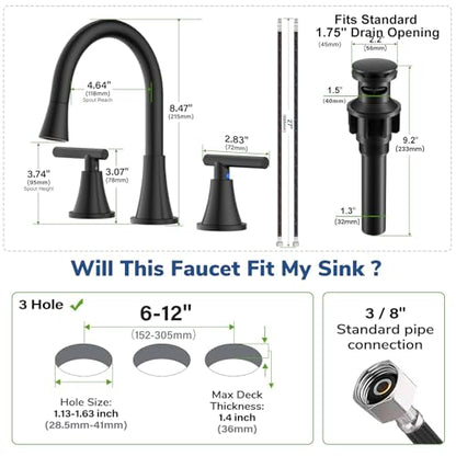 8 Inch Pull Out Sprayer Bathroom Faucet 3 Hole, Widespread 2 Handle Sink Faucet with Pop Up Drain and Supply Lines, Stainless Steel for Vanity, RV, Matte Black - color: Matte Black, size: 8 IN