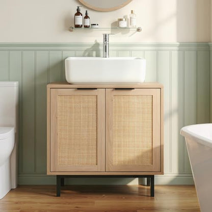 24-inch Pedestal Sink Storage Cabinet, Under Sink Cabinet (Natural) | U-Shaped Cut-Out | 2 Rattan Doors & Shelf | Solid Metal Legs - color: Natural