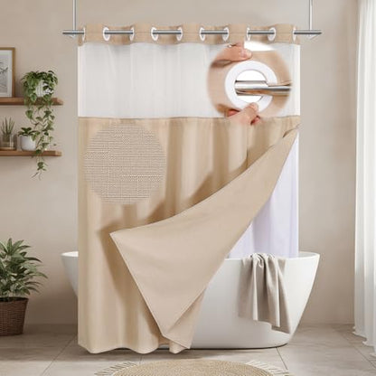 No Hooks Beige Boho Faux Linen Shower Curtain with Snap-in Liner Set, Textured Hotel Luxury Bathroom Curtain with See Through Top Window, Waterproof & Washable, 72x72 inches - color: Beige, size: 72"W x 72"L (Pack of 1), style: No Hooks