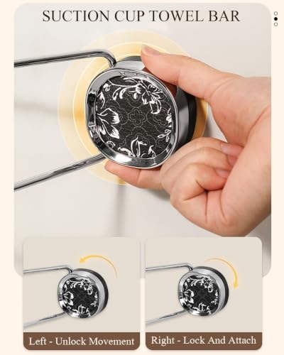 Suction Cup Towel Bar No Drill, Double Rod Bathroom Towel Holder | Vintage Floral Chrome, 65cm/25.6in Removable Vacuum Wall Mount Rack for Tile Glass and renters