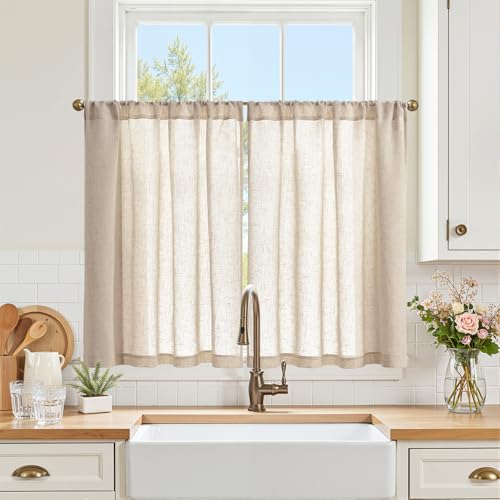 jinchan Linen Kitchen Tier Curtains, 38x36, 2 Panels, Natural | Light filtering, linen blend, rod pocket, farmhouse style, rustic decor, kitchen, bathroom, laundry room, RV, small windows - color: Rod Pocket | Natural Linen, size: 38"W x 36"L (Pack of 2)