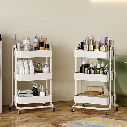 MIOCASA 3-Tier Metal Utility Rolling Cart, Heavy Duty Multifunction Cart with Lockable Casters, Easy to Assemble, Suitable for Office, Bathroom, Kitchen, Garden - style: White