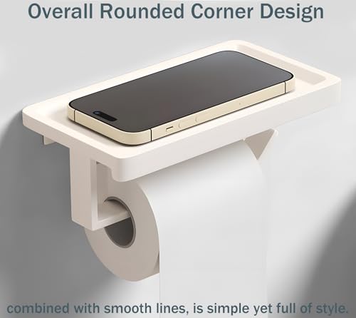 Cream White Toilet Paper Holder with Shelf | Self Adhesive Toilet Tissue Roll Holder Wall Mount for Bathroom, Washroom, Kitchen, RV with Cell Phone Storage