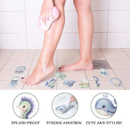Bathtub Non-Slip Stickers for Shower - 20 PCS Bathroom Large Cute Sea Creature Anti-Slip Grips Stickers with Scraper for Kids Bath Tub and Slippery Floor Decor