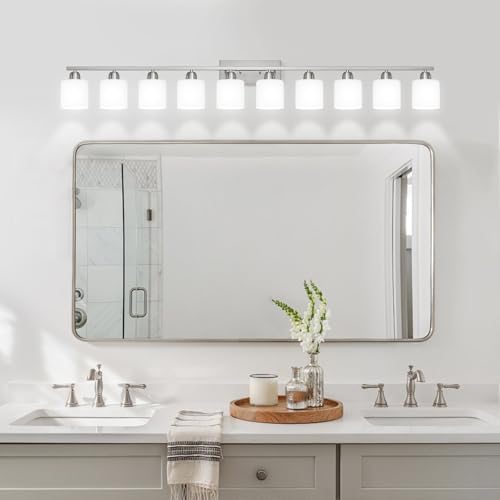 Brushed Nickel Bathroom Sink Lighting Fixtures for Giant Mirror, Anti-Rust Finish 65 inch 10 Light Bathroom Vanity Light Fixtures Modern with Milky White Frosted Glass - color: Nickel & Milky White Glass, size: 10-Light