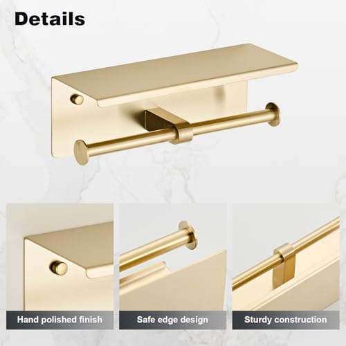 Brushed Gold Double Paper Holder with Shelf, Bathroom Toilet Roll Holder | Wall Mounted SUS 304 Stainless Steel Toilet Tissue Holder YIGUANXIN - color: Gold