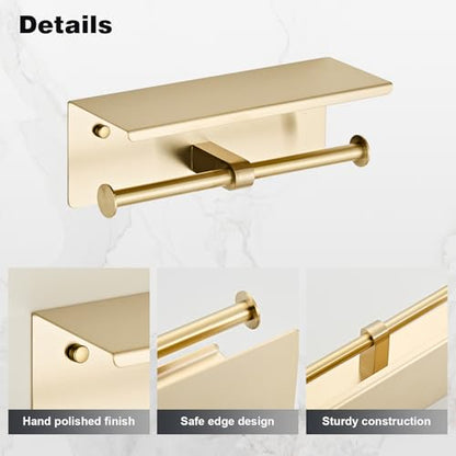 Brushed Gold Double Paper Holder with Shelf, Bathroom Toilet Roll Holder | Wall Mounted SUS 304 Stainless Steel Toilet Tissue Holder YIGUANXIN - color: Gold