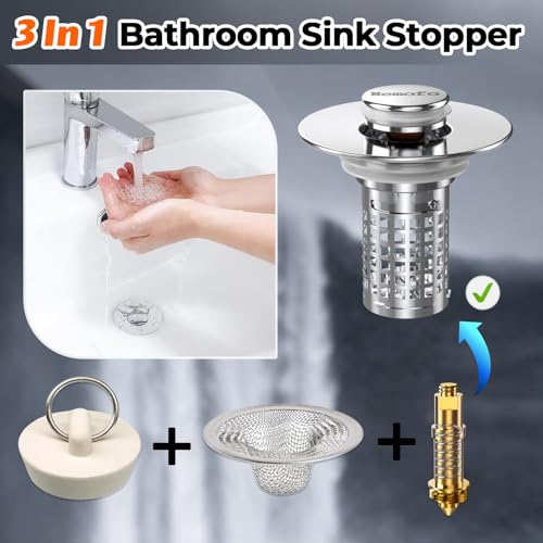 Bathroom Sink Drain Strainer, Stainless Steel Pop-up Strainer Basket Hair Catcher with Removable Basket, Brass Bullet Core, Universal Fit 1.1-2.36 Inch (1PCS)