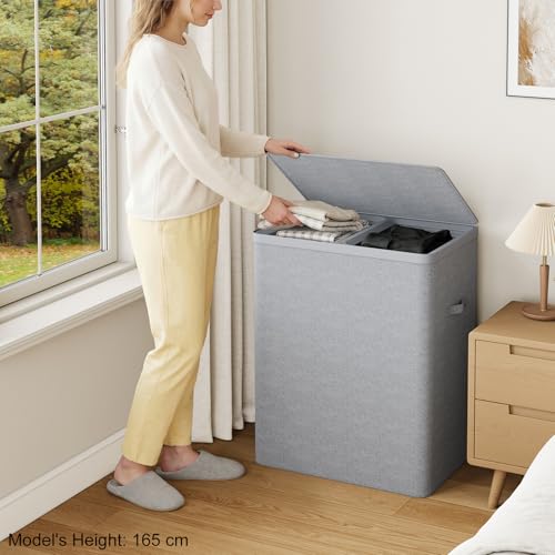 Double Laundry Hamper with Lid, 150L Large Laundry Basket 2 Compartments | Gasvadivum Dirty Clothes Hamper 2 Section with Portable Liner Bags and Handles for Laundry Room, Bedroom, Easy Assembly, Grey - color: Grey