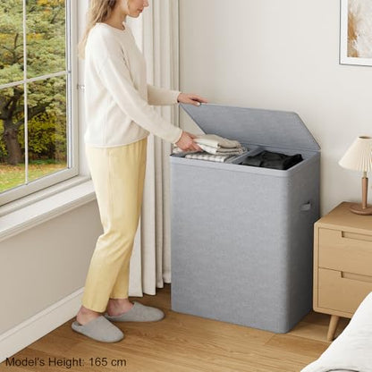 Double Laundry Hamper with Lid, 150L Large Laundry Basket 2 Compartments | Gasvadivum Dirty Clothes Hamper 2 Section with Portable Liner Bags and Handles for Laundry Room, Bedroom, Easy Assembly, Grey - color: Grey