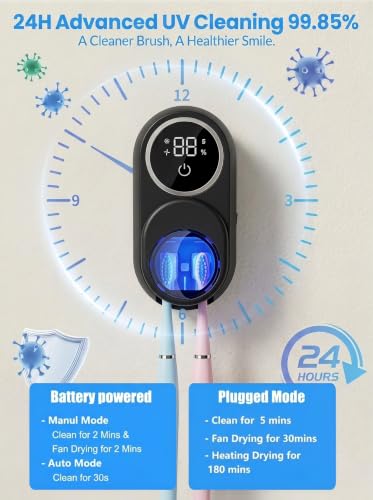 Toothbrush Sanitizer Holder, Wall-Mounted with Auto-Inductive Cover & 140°F Air Drying, Bathroom Organizer, Black